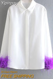 Yipinpay White Shirt Woman Long Sleeve Green Feather Top Party Elegant Female Blouses Fashion Collared Button Up Women Shirt