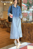 Yipinpay Button Denim Shirt Dress Turn-turn Collar Madi Long Sleeve Vestido De Mujer Vintage Casual Spring Korean Femme Robe Big