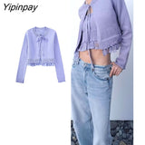 Yipinpay New Women Lace Solid Knitted Sweater Coats 2023 Vintage Single Breasted Cardigan Tops Long Sleeve Sweet Female Bow Top