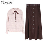 Yipinpay Dress Set Women Autumn 2023 New Lady Style Two Pieces Set Turn-down Collar Shirt and Skirt Autumn