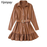 Yipinpay Elegant Women Faux Leather Mini Dresses With Belt Solid Turn Down Collar Dresses Fashion Vintage Long Sleeve Vestidos