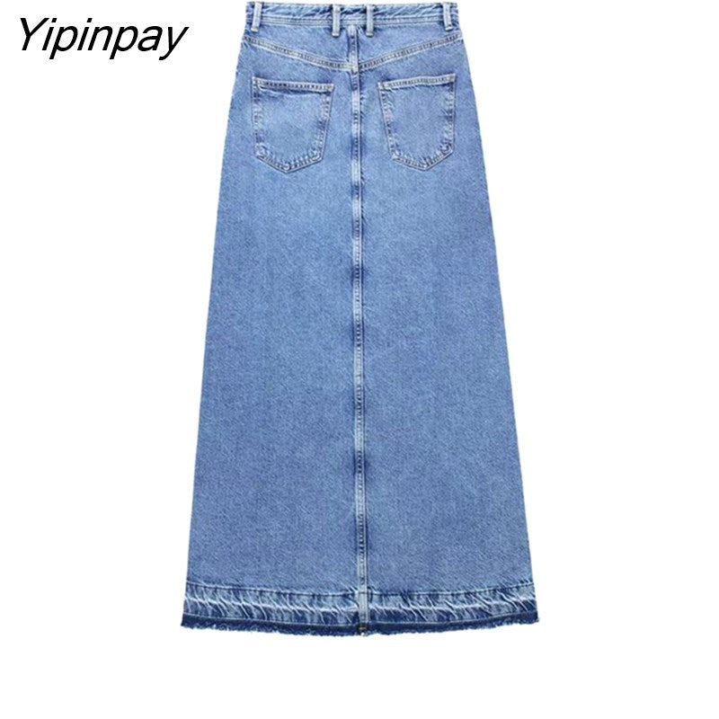Yipinpay Women Spring Autumn Denim Skirt 2023 New Fashion Designer Mid-Calf Skirt High Street Party Zipper Casual Dresses