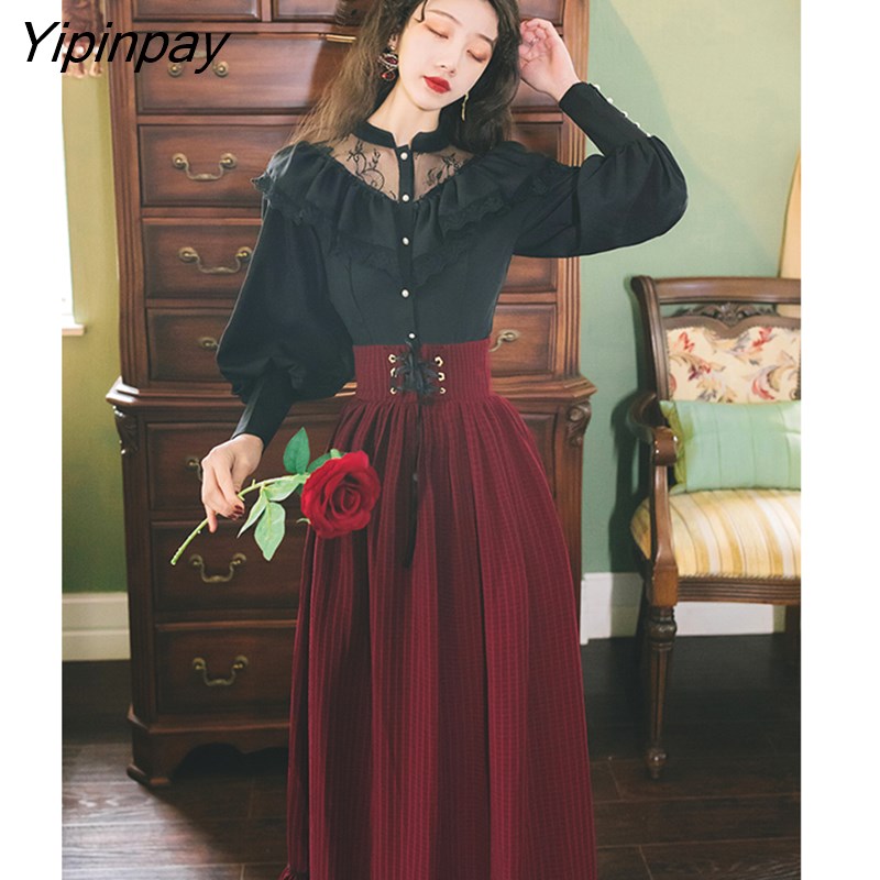 Yipinpay Two Piece Set Women High Quality Outfits Black Long Sleeve Blouse Top + Skirt Suit Female