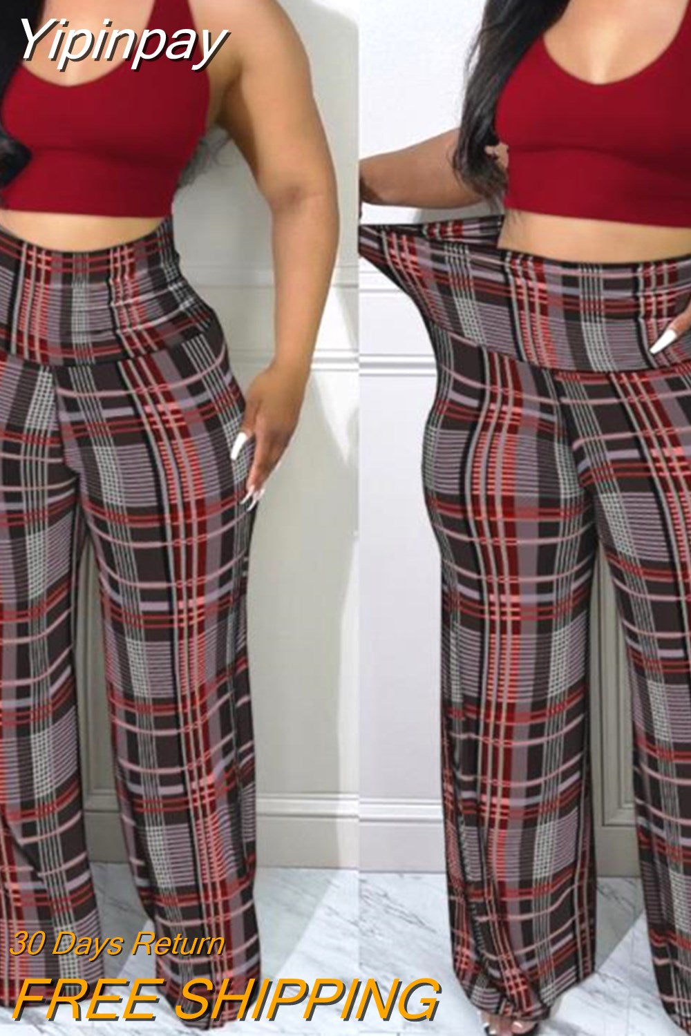 Yipinpay Women's Bottoms Elegant Casual Plaid Print High Waist Long Pants Loose Trouser