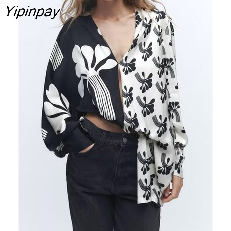 Yipinpay 2023 Women Patchwork Print Blouses Spring Autumn Casual V-neck Long Sleeved Top Fashion Single Breasted Asymmetrical Shirts