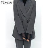 Yipinpay Spring Women Blazer Pant Suit 2023 Female Fashion Office Outfits Double Breasted Jacket Coats Long Trousers Basic Outwear