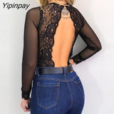Yipinpay Women V-Neck Soild Lace Backless Long Sleeve Bodysuit Blouse Womens Tops and Blouses