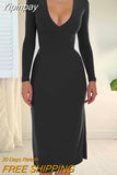 Yipinpay Women Long Sleeve Deep V-neck Sashes High Waist Bodycon Midi Dress 2023 Fashion Party Club Evening Prom Black Dresses