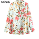 Yipinpay 2023 Women Floral Printed Thin Blouses Shirt Fashion Causal Loose Long Sleeved Tops Vintage Single Breasted T-Shirts