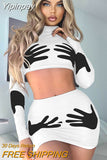 Yipinpay 3D Printed Palm Cropped Long-sleeved Top+Skirt 2 Piece Set Fall Outfits Women Street Fashion Casual Conjuntos De Vestidos