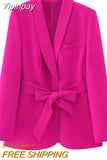 Yipinpay Fuschia Blazer Woman Set 2 Pieces Belt Long Sleeve Fashion Women's Spring Jackets 2023 Office Chic And Elegant Woman Jacket