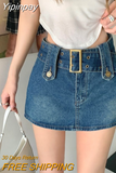 Yipinpay Sexy Punk Denim Micro Skirt Women Y2K Skort Summer Korean Belt Low Waist Slim Black Jeans Skirt Shorts Egirl Streetwear