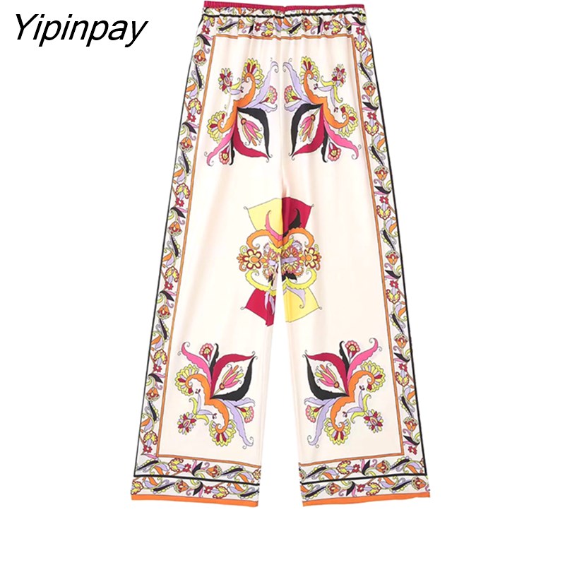 Yipinpay 2023 Spring Autumn Floral Print Pants Sets Causal Fashion Long Sleeved Blouses+Wide Leg Pants Street Casual Outwear