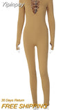 Yipinpay Shoulder Pads Long Sleeve Jumpsuit Women Summer Cross Bandage Sexy Jumpsuits Femme Black V-Neck Bodycon Overalls