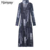 Yipinpay Elegant Women Patchwork Tulle Dresses Vintage Party Sheath Mid-Calf Dress Long Sleeve Turtleneck Vestidos Spring Autumn