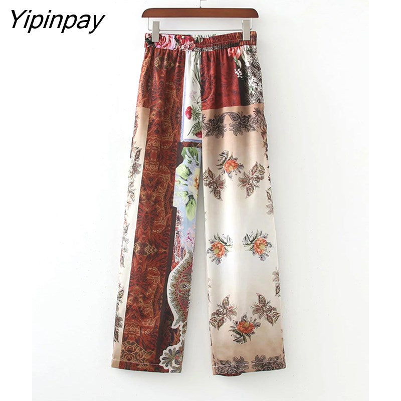 Yipinpay Women Shirts +Trousers Suit Kimono Style Summer Full Printed X-Long Drawstring Blouse Set Female Pants Casual Clothes