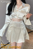Yipinpay Summer Fashion Elegant Women's Skirt Set Full Flare Sleeve Lace Bandage Satin Short Shirt and High Waist Skirt 2-piece Set