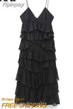 Yipinpay Black Backless Dress Woman Ruffle Long Dress Women Ruched Slip Midi Sexy Dresses Ladies 2023 Christmas Night Party Dresses