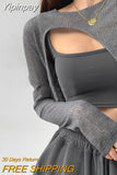 Yipinpay Casual Hollow Smock T Shirt Women Summer New Thin Irregular Long Sleeve Knitted Crop Tops Female