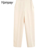 Yipinpay Newest Spring Autumn Women Blazer Jacket Pant Sets 2023 Office Double Breasted Suit Pockets Wide Leg Trousers