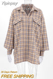 Yipinpay Khaki Shacket Oversized Shirts Womens Dropped Shoulder Plaid Blouses Outwear Street Style Pockets Casual Tops 2023