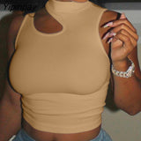 Yipinpay Women Casual Solid Sleeveless Hollow Out Turtleneck Asymmetrical Women Sexy Crop Tops