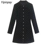 Yipinpay 2023 Autumn Women Velvet Mini Dresses Elegant Turn Down Collar Single Breasted Dresses Vintage Simple Long Sleeve Vestidos