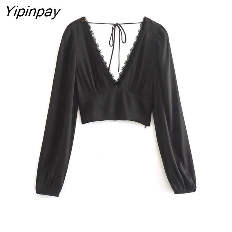 Yipinpay Women Solid Backless Lace Blouses Shirt 2023 Spring Autumn Causal Long Sleeved Thin Tops Pullover Deep V-neck T-Shirts