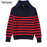 Yipinpay Women Zip-up Striped Knitted Sweater 2023 Autumn Turtleneck Long Sleeve Coats Female Pullovers Fashion Loose Chic Tops