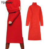 Yipinpay 2023 Winter Women Long Knitted Dress Ladies Party Mid-Calf Turtleneck Warm Vestidos Fashion Long Sleeve A-line Swearters