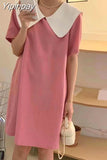 Yipinpay Bow Peter Pan Collar Loose Dress Mini Black Casual Vestido Curto Summer 2023 Jurken Vintage Elegant Pink Korean Femme Robe