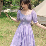 Yipinpay Summer/Spring Dress Women 2023 New Square Collar Puff Sleeve Purple and White Thin Sweet French Dress Vestidos De Mujer