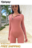 Yipinpay Fall Sports Casual Jumpsuit Women Solid Fashion Diagonal Zipper Pocket Tight Sexy Playsuit Female Street Fitness Overalls