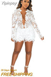 Yipinpay Floral Hollow Out Outfits Two Piece Sets Women V-Neck Long Sleeve Shirts And Hig Waist Shorts Outwear Fashion Shorts Set