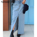Yipinpay Casual Botton Split Denim Skirts Female Sping Summer Vintage Long Skirt Ladies High Waisted Pocket Jeans Skirt