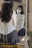 Yipinpay Jk White Shirts Women Back Lace Up Sweet Blouse Slim Preppy Style Korean Fashion Buttons Chic Autumn Elegant Ladies Tops