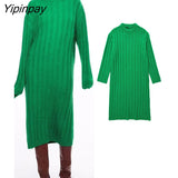 Yipinpay Warm Women Green Mid-Calf Kintted Dresses 2023 Autumn Elegant O-neck Dresses Vintage Simple Long Sleeve Vestidos