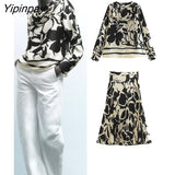 Yipinpay Summer Women Chain Skirt Sets Fashion Long Sleeve Printed Shirts High Waist Straight Elastic Pleated Skirts Casual Outwear