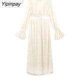 Yipinpay Elegant Women Solid Hollow Out Dress 2023 Summer Fashion Flare Sleeve Mid-Calf Dresses Casual Beach Style A-line Vestidos