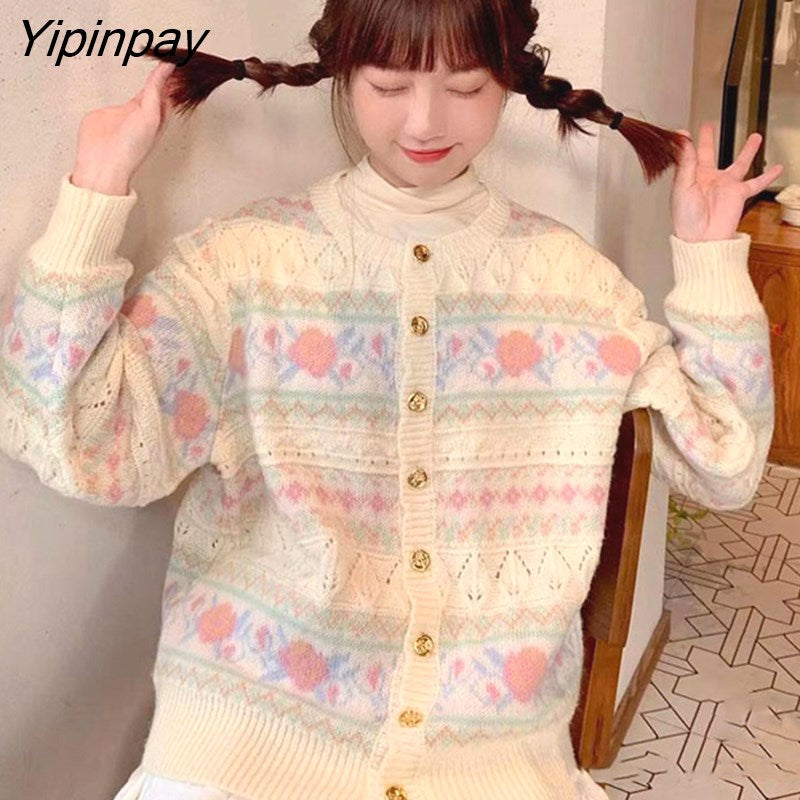 Yipinpay New Spring Women Cardigans Loose Hollow out Sweet Japan style Knitted Cotton coat Floral embroidery female Cardigans