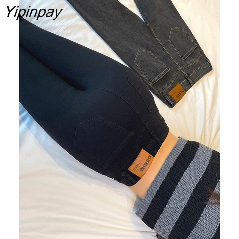 Yipinpay Winter Thickened Warm Elastic Pencil Jeans For Women Plus Velvet High Waist Skinny Denim Pants