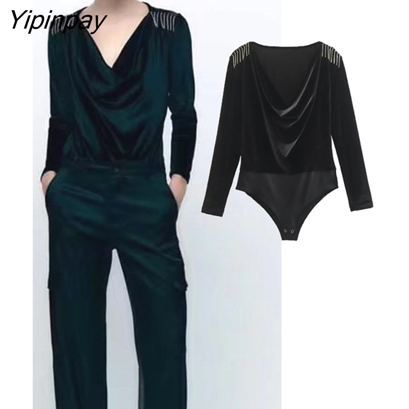 Yipinpay Woman Fashion Beaded Velvet Bodysuit Jumpsuit 2023 Casual Body Long Sleeved Tops Clothes Female Suit