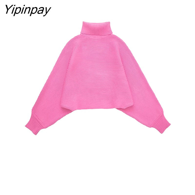 Yipinpay Elegant Pink 2 Piece Knitted Sweater Skirt Set 2023 Vintage Soft Turtleneck Batwing Sleeve Female Casual Skirt Lady Suit