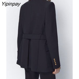 Yipinpay Women Single Breasted Blazer Coat With Belt 2023 Autumn Vintage Long Sleeve Flap Pockets Female Outerwear Chic Vestes Femme