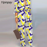 Yipinpay Women Elegant Geometric Print Sashes Pocket Design Straight Button Jumpsuit Sexy Jumpsuit