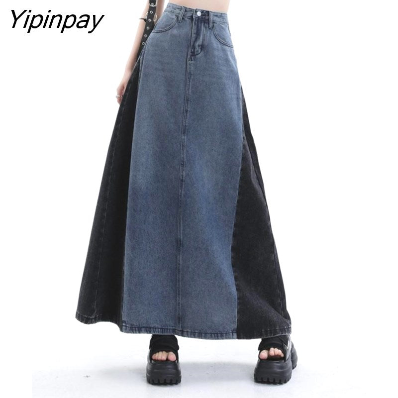 Yipinpay Vintage Denim Long Skirt Women High Waist Color Matching High Waist Jean Skirts For Ladies
