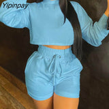 Yipinpay Women Solid Chic Half High Collar Long Sleeves Elastic Waist Drawstring Crop Top Short Sets