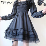 Yipinpay 2023 Sweet Summer Dress Women Gothic Black Lace Patchwork Black Dress High Waist Female Dresses