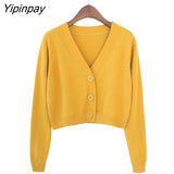 Yipinpay Summer Knitted Crop Cardigan Women Korean Short Sweater Long sleeve V neck Green Blue