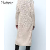 Yipinpay Autumn Women Jacquard Mesh Knit Dresses 2023 Elegant Ladies POLO Collar Mid-Calf Dresses Long Sleeve Soft Vestidos